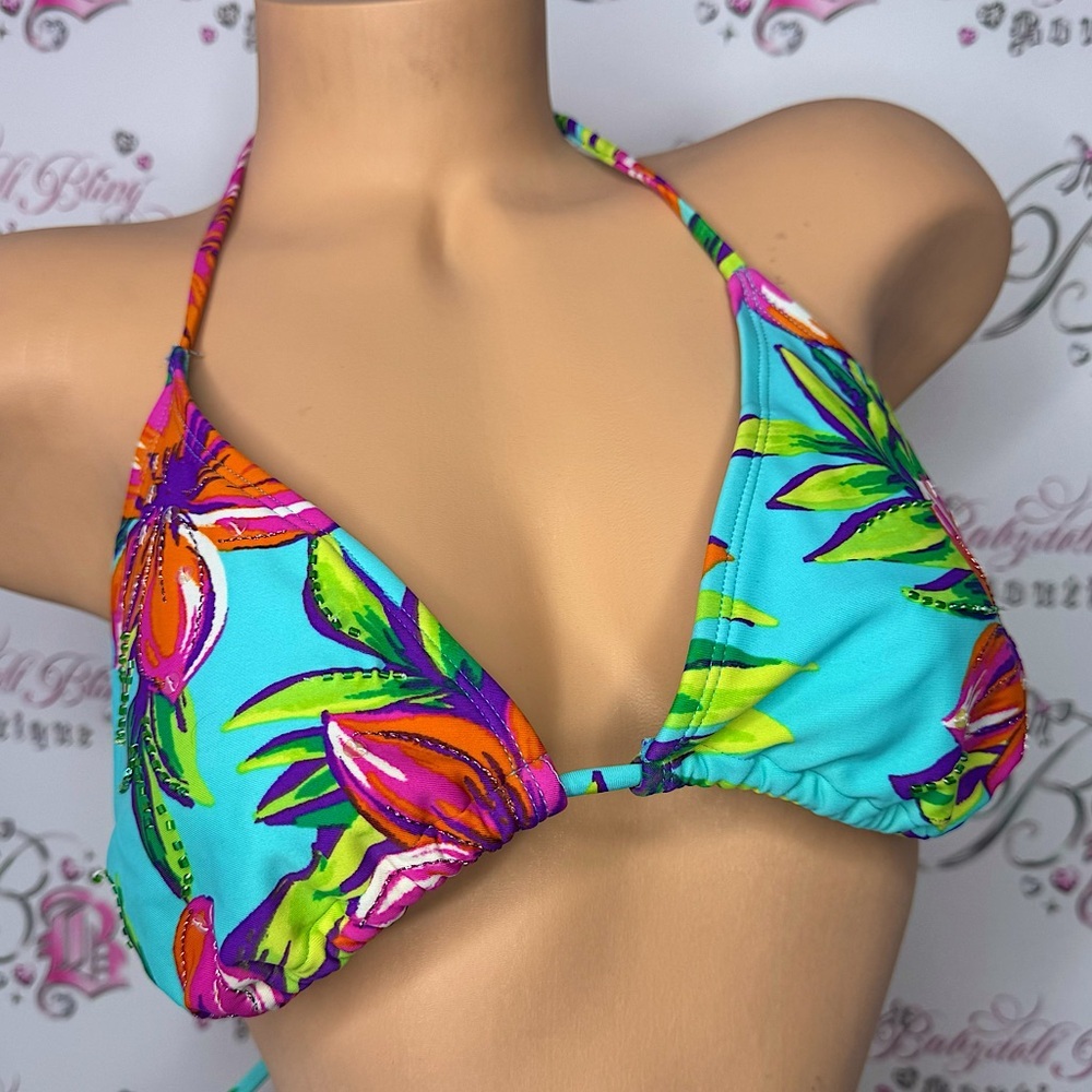xhilaration bikini top beaded tropical neon flowers beach swimming tie up bright